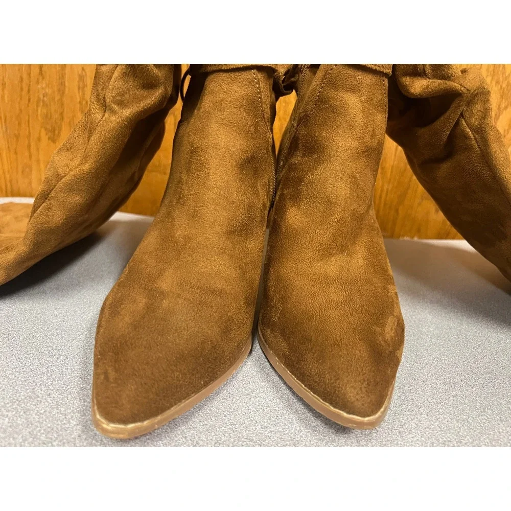 Loki Cognac Faux Suede Slouchy Over The Knee Pointed Toe Block Heel Boots Size 9